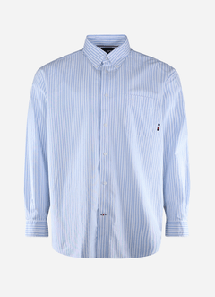 Tommy Hilfiger Gestreiftes Hemd mit amerikanischem Kragen, Knopfleiste auf der Vorderseite und Knopfleisten mit Schlitzen an den Manschetten. Hellblau 