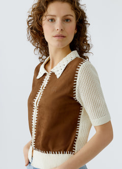 Cardigan rapiécé - devant en tissu aspect daim - col en broderies OUI