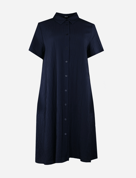 Robe Opus col et longue patte de boutonnage, empiècement avec pli dans le dos ligne A, structure, revers sur la manche Bleu Marine  76% Viscose  24% Polyamide