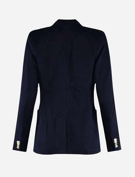 Blazer Ralph Lauren avec col tailleur, deux poches appliquées sur le devant, poche appliqué avec broderie sur la poitrine gauche, manches tailleur et fausses fentes avec boutons aux poignets Navy