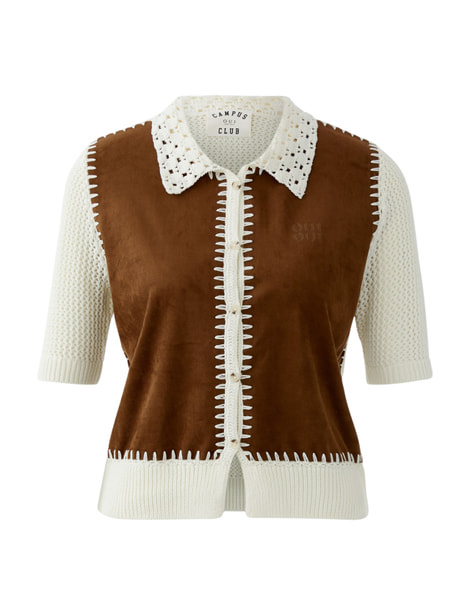 Cardigan rapiécé - devant en tissu aspect daim - col en broderies OUI