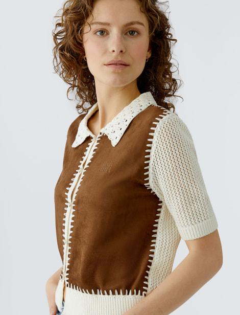 Cardigan rapiécé - devant en tissu aspect daim - col en broderies OUI