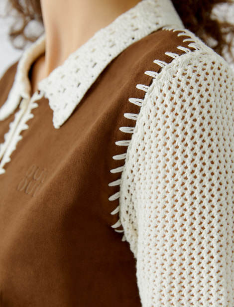 Cardigan rapiécé - devant en tissu aspect daim - col en broderies OUI