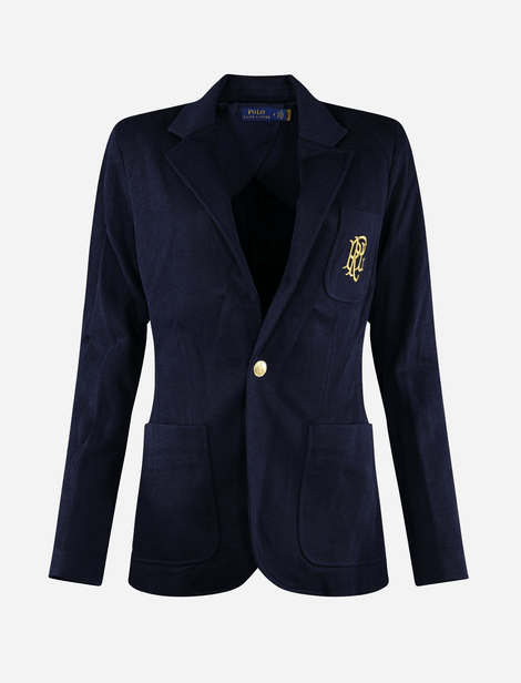 Blazer Ralph Lauren avec col tailleur, deux poches appliquées sur le devant, poche appliqué avec broderie sur la poitrine gauche, manches tailleur et fausses fentes avec boutons aux poignets Navy
