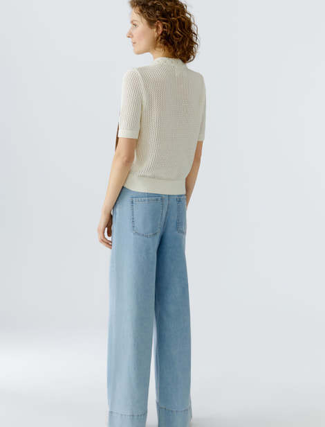 Cardigan rapiécé - devant en tissu aspect daim - col en broderies OUI