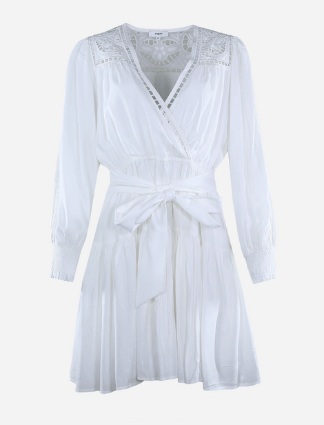Suncoo Langärmeliges Kleid mit Lochmusterdekoration, mit leichtem Ausschnitt. Weiss