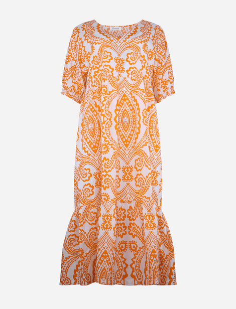 Flowers For Friends Langes gemustertes Kleid mit V-Ausschnitt Weiß, Orange  100% Baumwolle