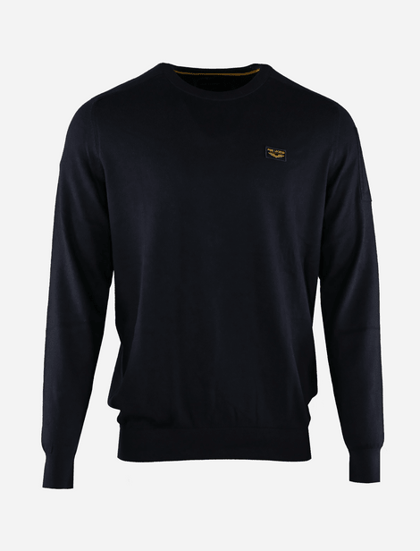 PME Legend Pullover mit Rundhalsausschnitt, Logo auf der linken Brust und kleiner aufgesetzter Tasche auf dem linken Arm. Schwarz