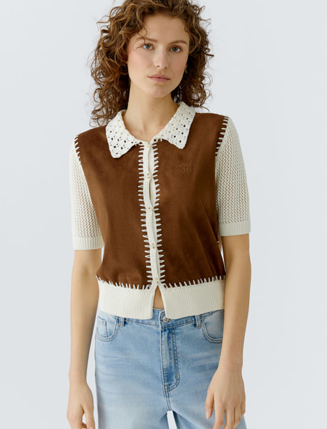 Cardigan rapiécé - devant en tissu aspect daim - col en broderies OUI
