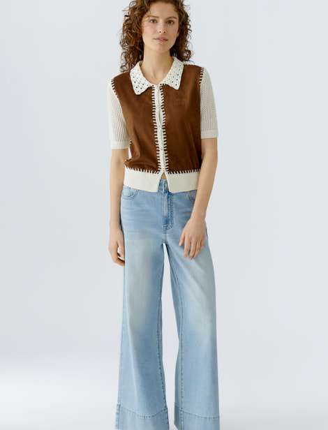 Cardigan rapiécé - devant en tissu aspect daim - col en broderies OUI